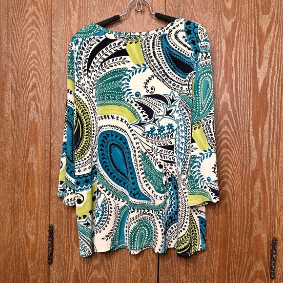 Susan Graver Womens XL Paisley Print 3/4 Sleeve Top Blouse Teal Blue Stretch - Picture 5 of 5